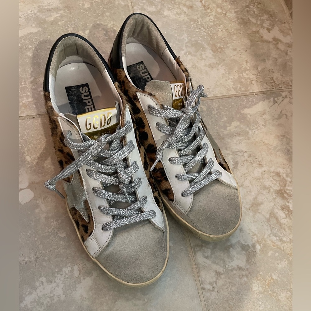 Golden Goose superstar, leopard, metallic laces. Size 39.
